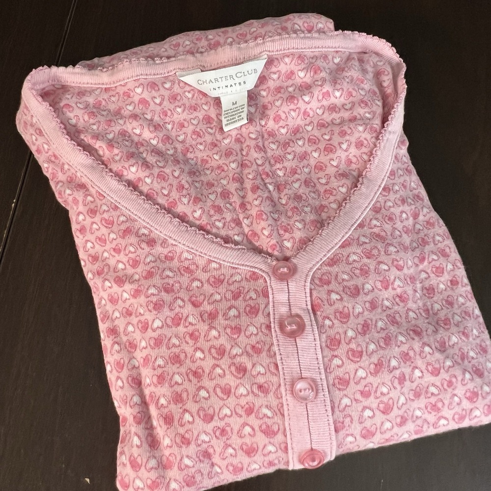 Charter‎ Club Intimates Pink Heart Henley Nightgown Sleep Top Women's Med Cotton